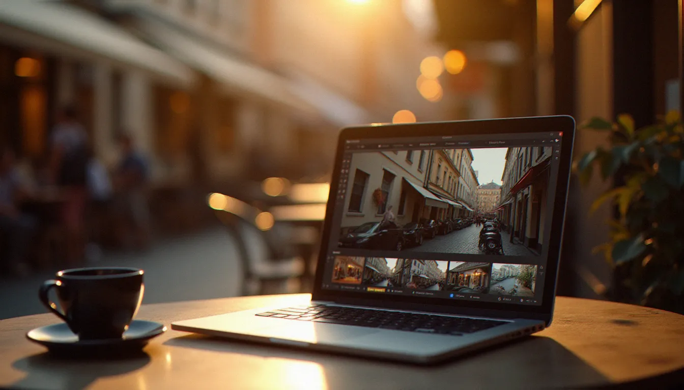 Photographe de reportage révisant ses graphismes PS à la terrasse d'un café toulousain sous la lumière dorée de l'après-midi, ordinateur portable affichant une série d'images documentaires en cours d'étalonnage Photoshop