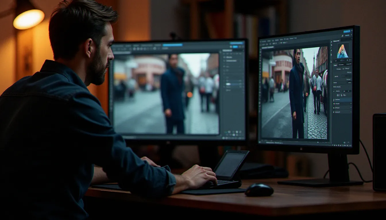 Un photographe professionnel retravaillant des graphismes PS sur Adobe Photoshop dans un studio moderne, deux écrans affichant le portrait d'une vendeuse de fleurs toulousaine en cours de retouche avec les calques visibles