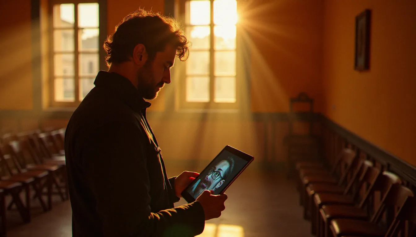 Photographe de reportage consultant des portraits retouchés avec Insmind sur une tablette dans une salle culturelle toulousaine baignée de lumière de fin de journée