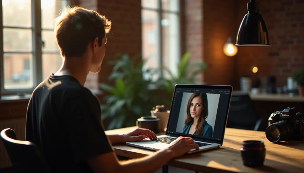 Photographe professionnel travaillant avec Insmind sur son ordinateur portable dans un studio ensoleillé à Toulouse, retouche de portraits par intelligence artificielle
