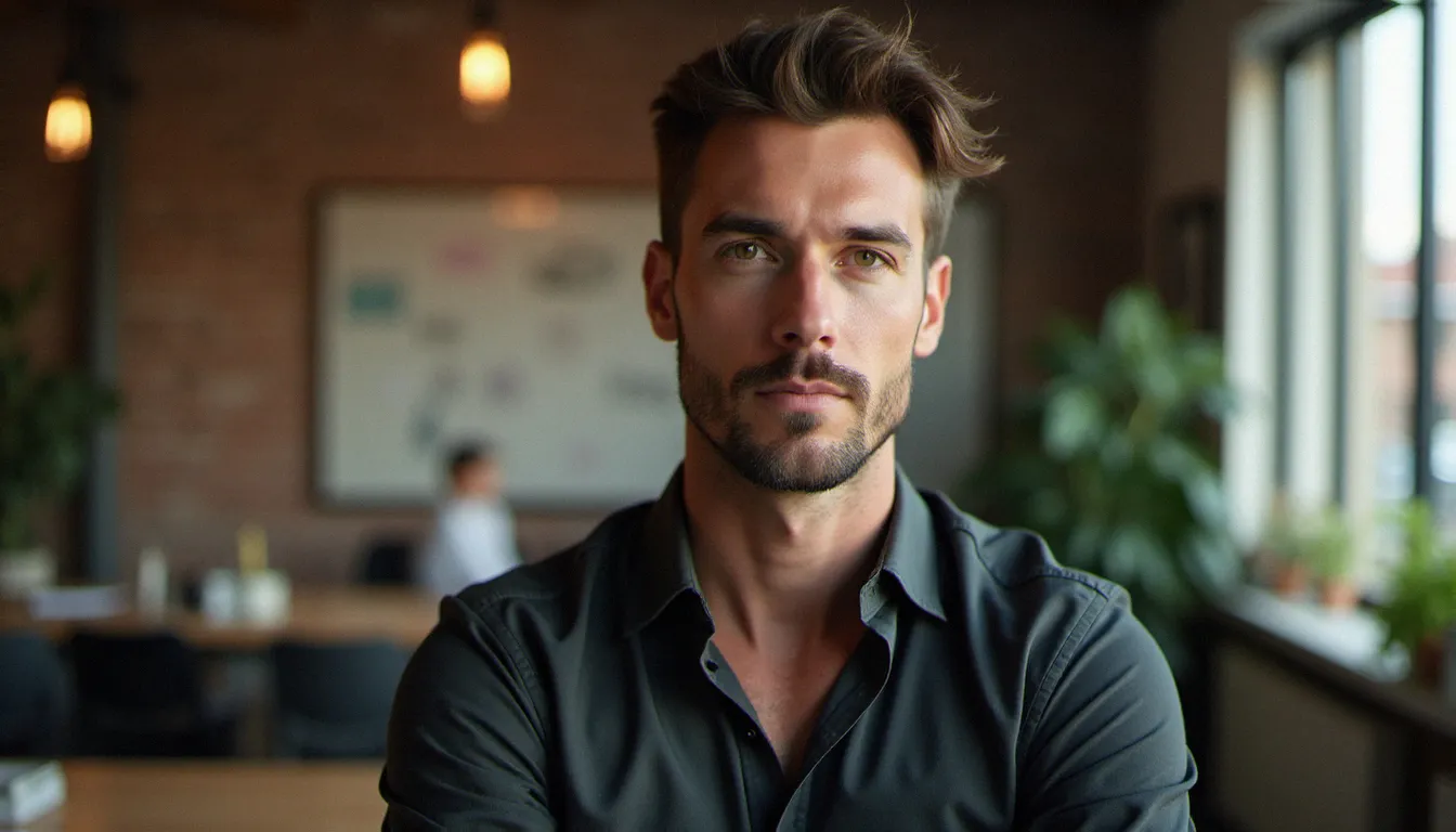 Entrepreneur photographié dans un espace de travail créatif à Toulouse pour son portrait LinkedIn, lumière naturelle rasante et expression authentique