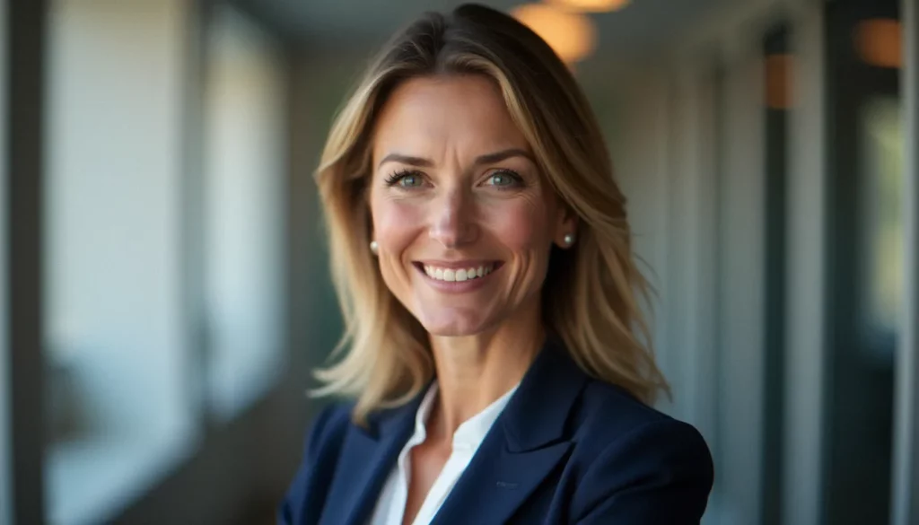 Portrait professionnel d'une femme cadre en veste marine regardant l'objectif avec assurance — exemple de photo de profil LinkedIn réalisée en lumière naturelle à Toulouse