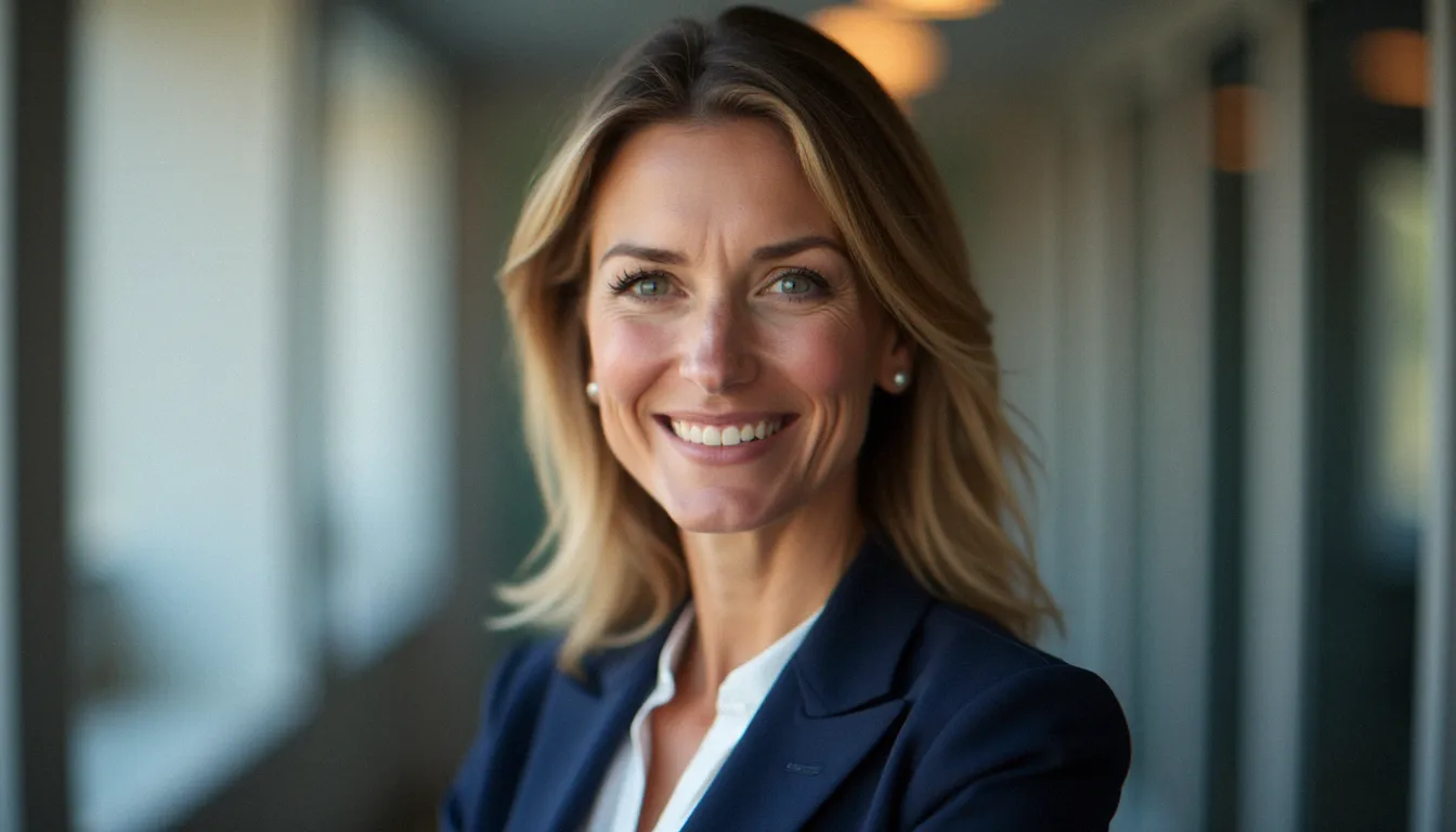 Portrait professionnel d'une femme cadre en veste marine regardant l'objectif avec assurance — exemple de photo de profil LinkedIn réalisée en lumière naturelle à Toulouse