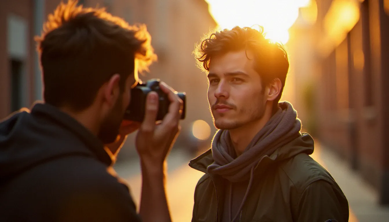 Séance photo portrait en extérieur à l'heure dorée, un photographe capture un portrait en lumière naturelle chaude dans une rue urbaine, illustrant la technique d'éclairage naturel pour une photo de profil WhatsApp