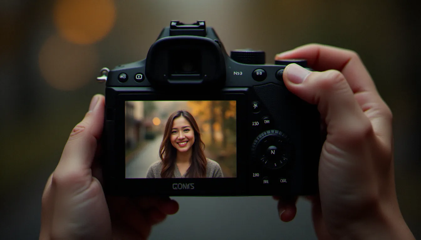 Appareil photo professionnel affichant l'aperçu d'une photo profil ig sur écran LCD, illustrant le cadrage circulaire et le rendu final du portrait