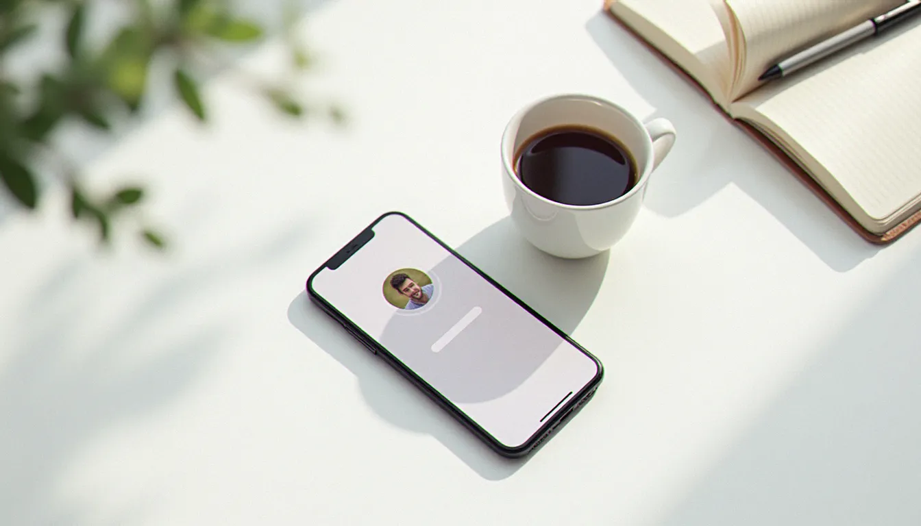 Smartphone posé sur un bureau en bois blanc montrant une photo profil encadrée dans le cercle d'avatar d'une application de messagerie, entouré d'un café et d'un carnet