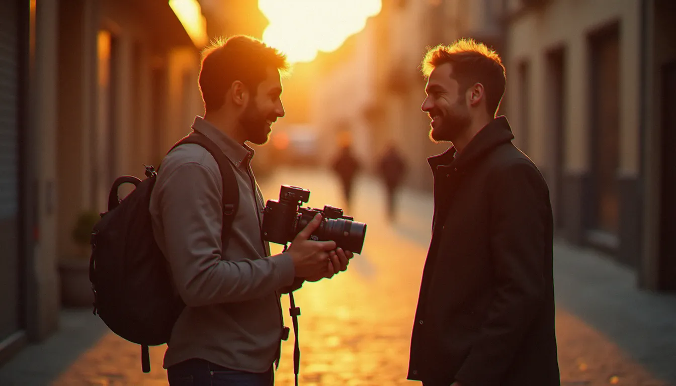 Séance photo portrait en extérieur dans une rue pavée de Toulouse à l'heure dorée, photographe guidant son sujet pour la réalisation d'une photo profil professionnelle