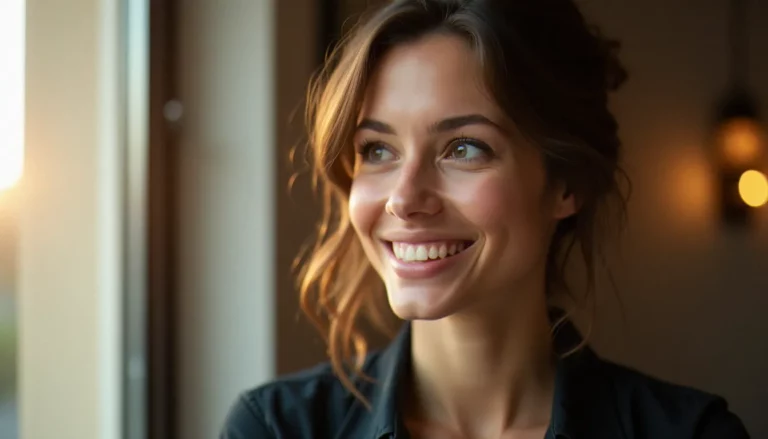 Portrait professionnel d'une femme éclairée à la lumière naturelle d'une fenêtre, illustrant une photo profil WhatsApp réussie et authentique