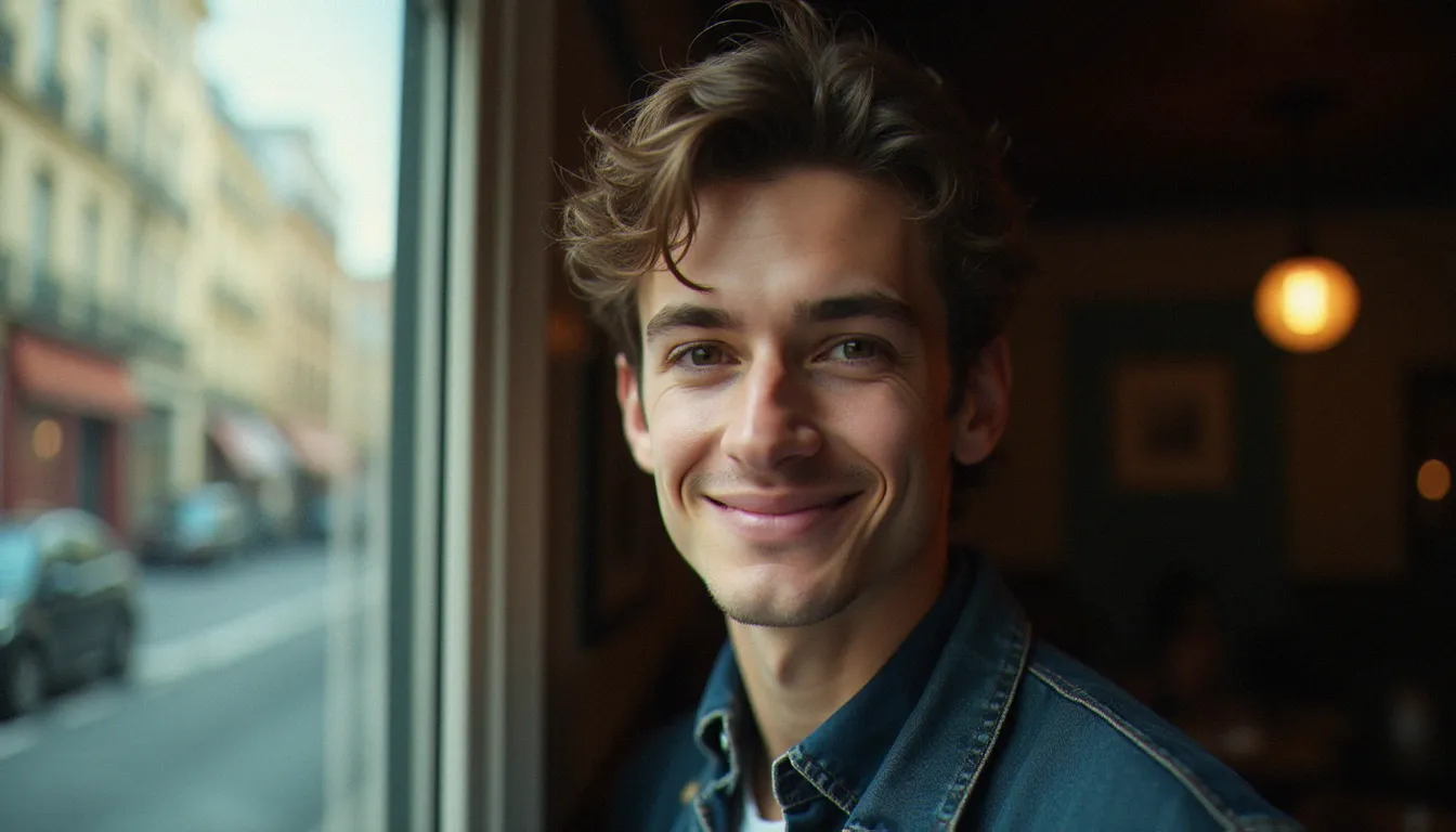 Portrait en lumière naturelle diffuse d'un jeune homme regardant l'objectif franchement et chaleureusement, style documentaire intimiste inspiré de la photographie de presse française des années soixante