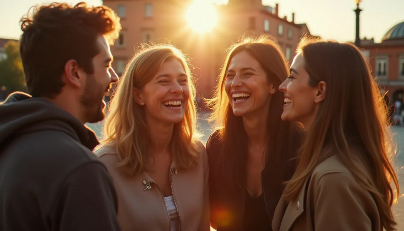 Groupe de jeunes photographié sur une place publique de Toulouse à la lumière dorée du soir, moment de connivence et de joie spontanée capturé dans l'esprit contemporain des photos salut les copains