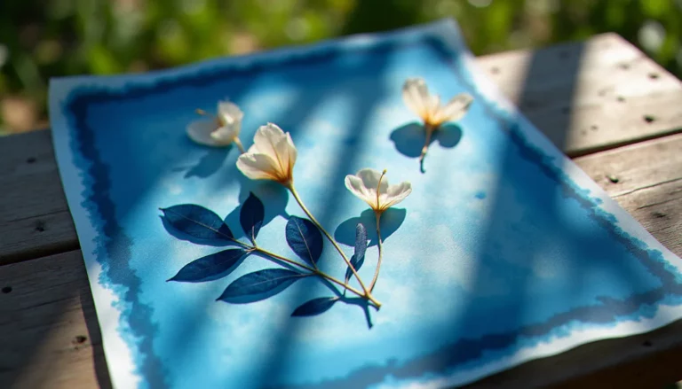 Photogramme au cyanotype en cours de création en plein soleil, illustrant la photographie sans appareil photo avec des feuilles botaniques et pétales translucides posés sur du papier photosensible