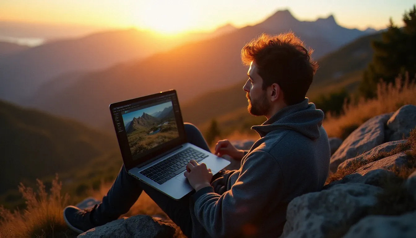 Photographe de reportage travaillant sur Photopea en extérieur dans les Pyrénées françaises, illustrant la contrainte de connexion internet requise par le logiciel en ligne