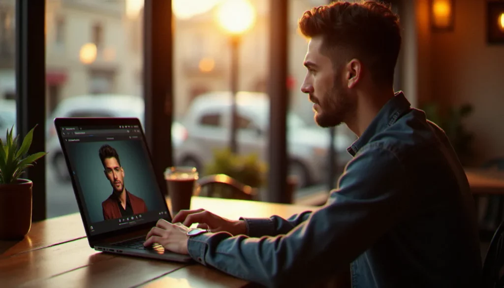 Photographe professionnel consultant son avis sur Photopea en retouchant des portraits sur un laptop dans un café de Toulouse, lumière naturelle dorée