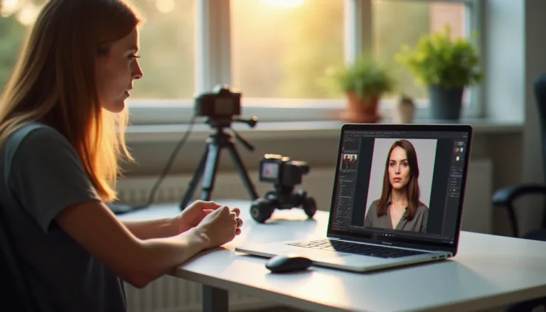 Photographe professionnel utilisant Photoroom gratuit sur ordinateur portable pour retoucher des portraits en studio toulousain éclairé à la lumière naturelle