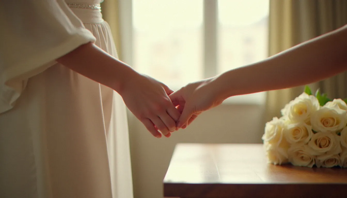 Préparatifs de mariée le matin du mariage — mains de la mariée tenues par une demoiselle d'honneur dans une lumière de fenêtre douce et directionnelle