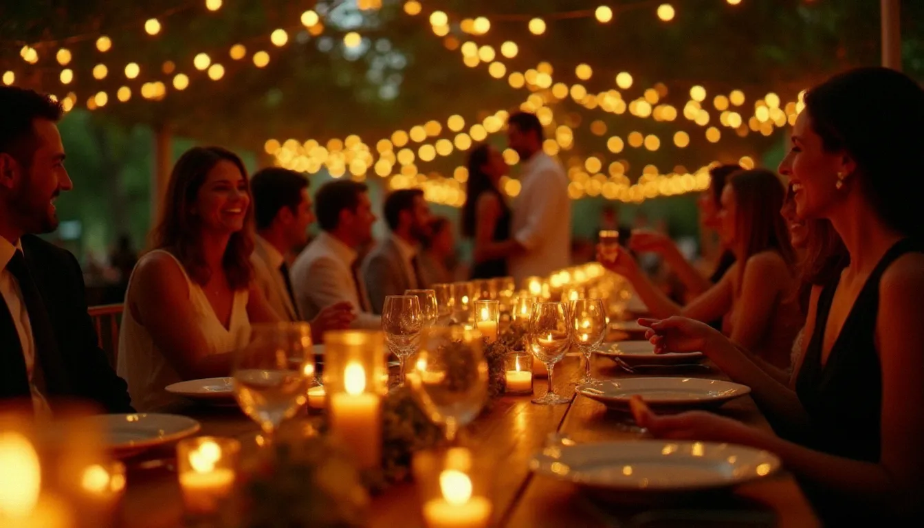 Réception de mariage en soirée sous des guirlandes lumineuses Edison et des bougies, invités réunis autour de grandes tables en bois dans une lumière chaude et festive
