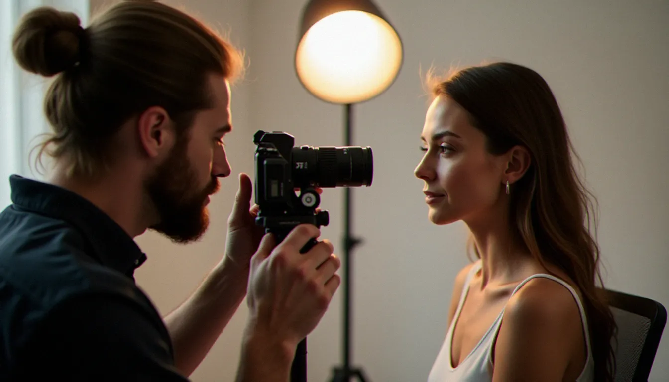 Photographe professionnel réglant son objectif macro lors d'une séance de photographie iris en studio, illustrant les exigences techniques qui justifient le prix photographie iris