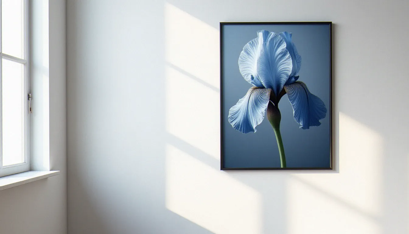 Tirage fine art grand format d'une photographie iris bleu-gris encadré et exposé sur un mur blanc, résultat d'une séance photographie iris en formule premium