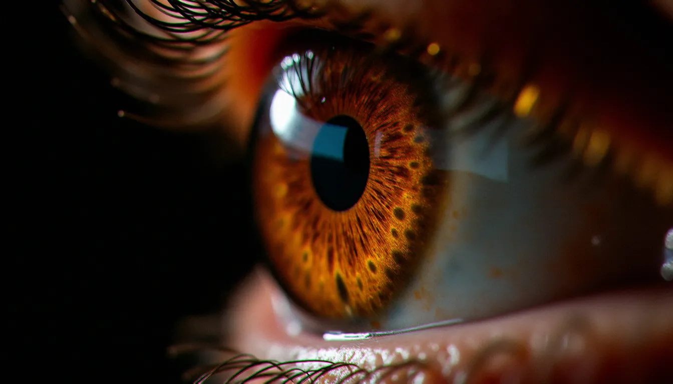 Photographie iris haute résolution d'un œil marron révélant des détails dorés et cuivrés, exemple de résultat pour une séance de prix photographie iris premium