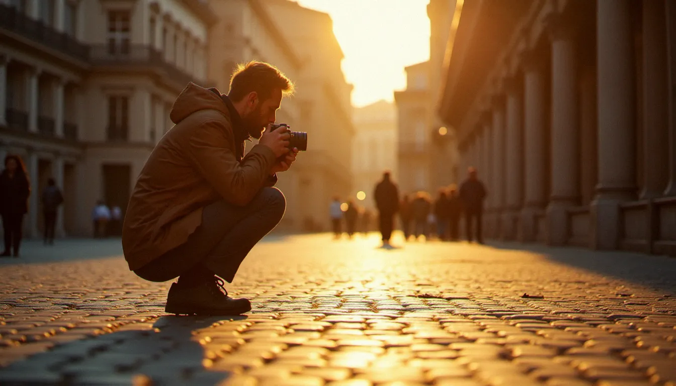 Photographe documentaire en position basse sur une place ensoleillée de Toulouse au lever du jour, appareil photo à la main, lumière dorée rasante