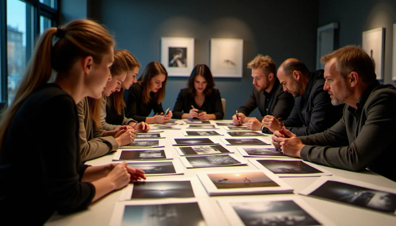 Jury de professionnels de la photographie examinant des tirages sur une table dans une galerie contemporaine lors d'une sélection de prix photographiques
