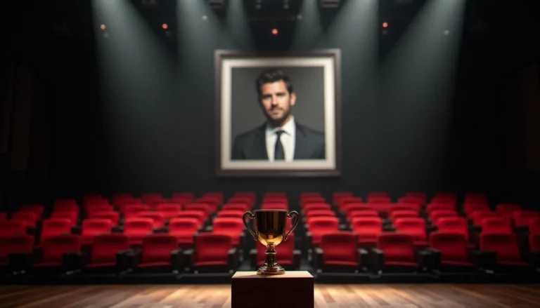 Cérémonie de remise d'un prix photographie prestigieux avec un grand tirage noir et blanc exposé sous les projecteurs d'un auditorium contemporain