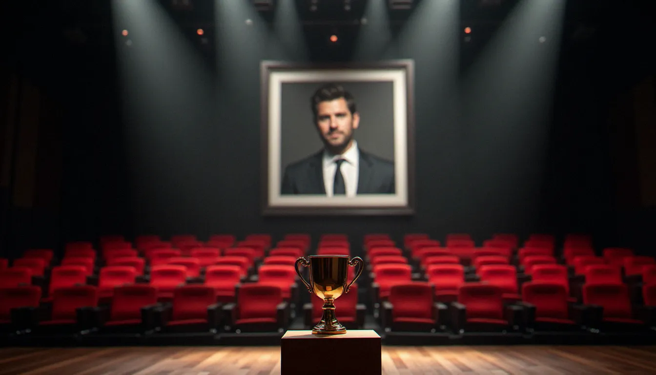 Cérémonie de remise d'un prix photographie prestigieux avec un grand tirage noir et blanc exposé sous les projecteurs d'un auditorium contemporain