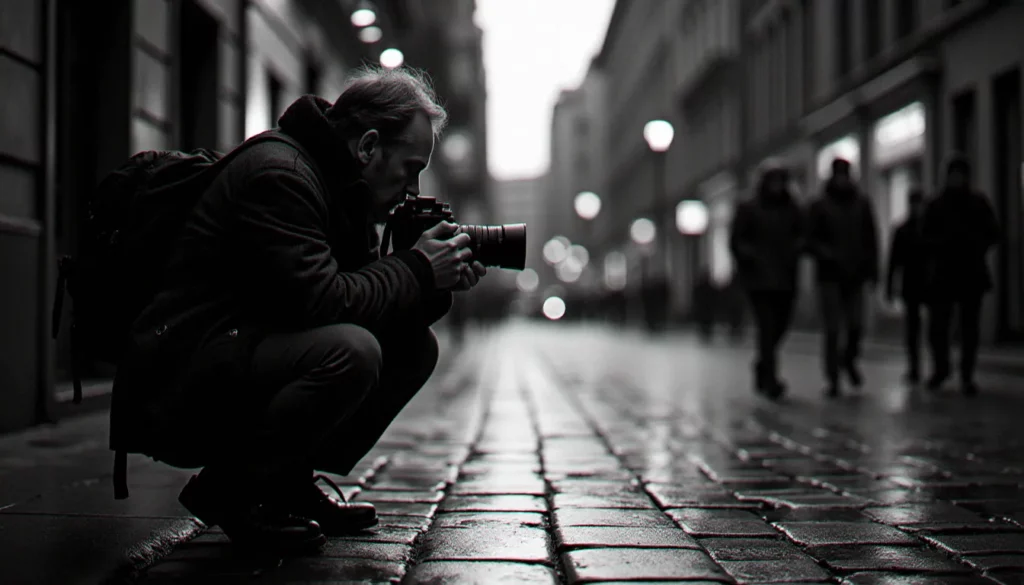 Photojournaliste capturant un instant décisif dans une rue sous la pluie, évoquant l'exigence des grandes photographies récompensées par le prix photographie Pulitzer