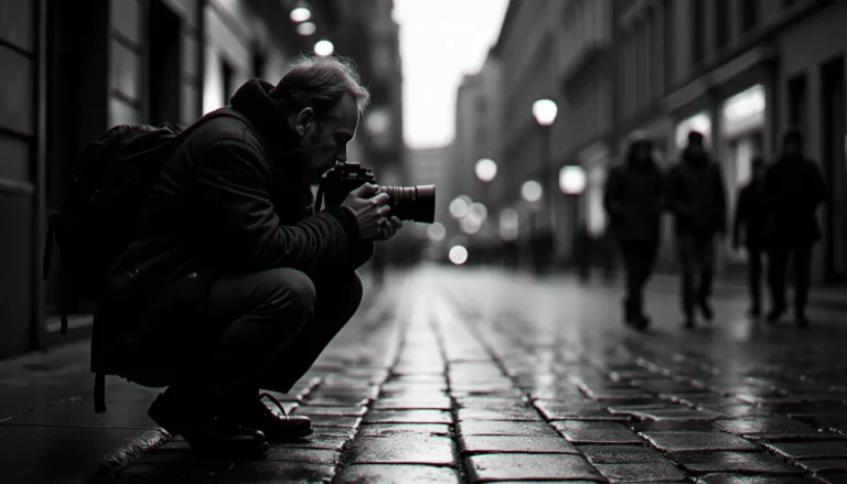 Photojournaliste capturant un instant décisif dans une rue sous la pluie, évoquant l'exigence des grandes photographies récompensées par le prix photographie Pulitzer