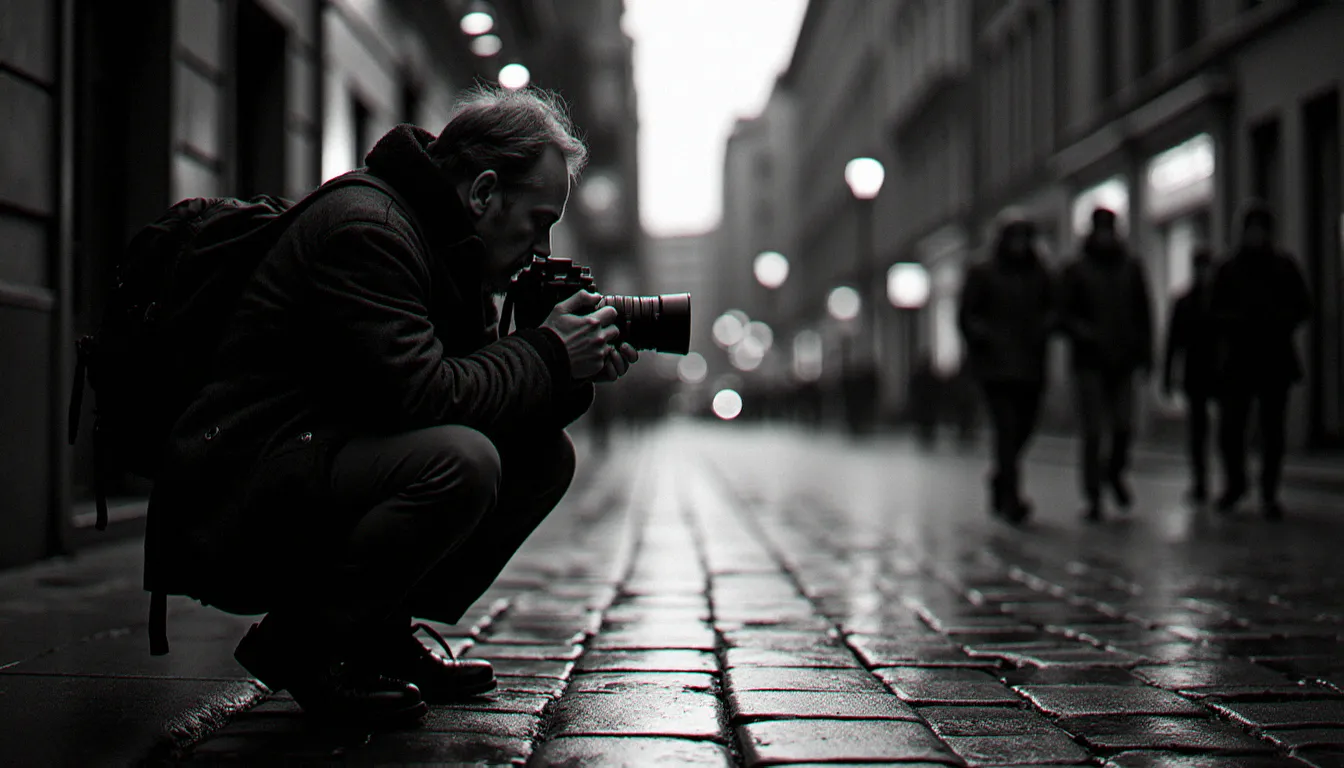 Photojournaliste capturant un instant décisif dans une rue sous la pluie, évoquant l'exigence des grandes photographies récompensées par le prix photographie Pulitzer