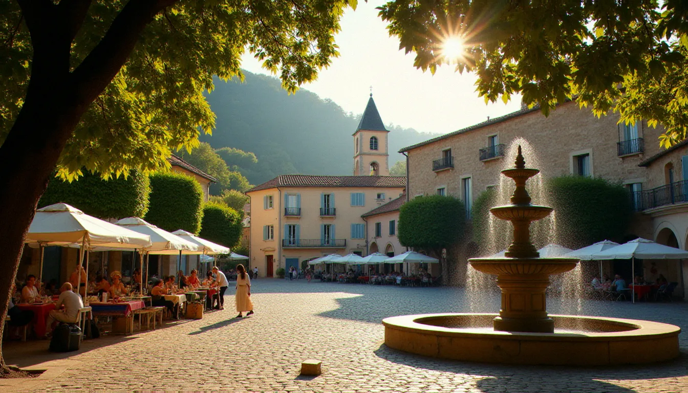 Place du Commandant Lamy à Mougins à l'aube, avec l'église Saint-Jacques en arrière-plan et des habitants installant le marché matinal, illustrant les meilleurs lieux pour les quick mougins photos