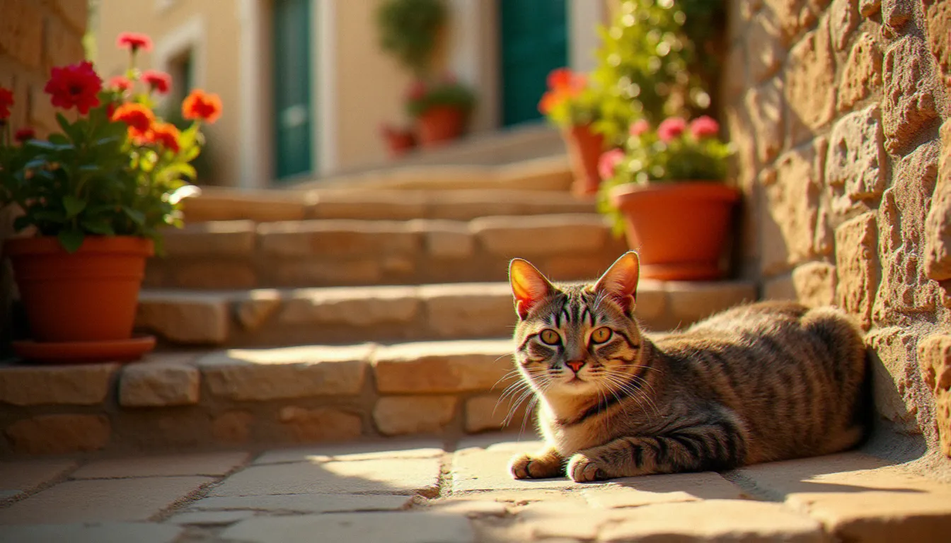 Détail architectural d'une façade en pierre de Mougins sous lumière méditerranéenne d'après-midi, avec un chat endormi sur des marches et des géraniums rouges, illustrant la gestion de la lumière pour les quick mougins photos