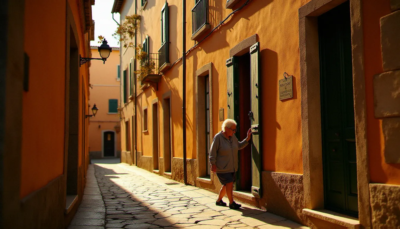 Ruelle médiévale de Mougins au lever du soleil lors d'une session de quick mougins photos, avec lumière dorée rasante sur les murs en pierre ocre et une silhouette en arrière-plan