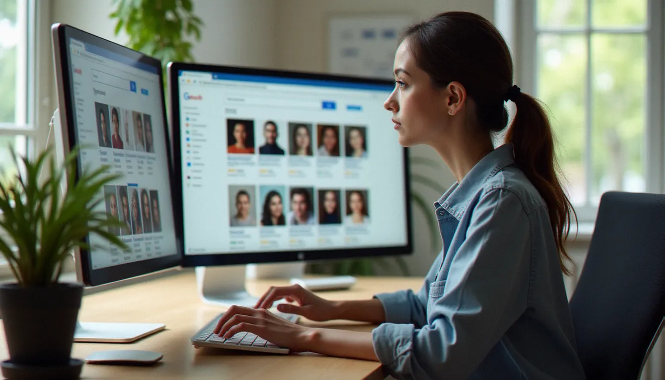 Professionnelle utilisant la recherche inversée d'image sur deux écrans pour identifier une personne à partir d'une photographie, dans un bureau lumineux contemporain