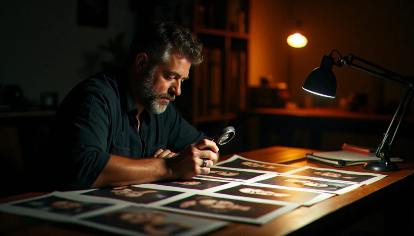 Photographe documentaire examinant des planches contacts de portraits imprimés dans son studio toulousain, analysant les visages dans le cadre d'une démarche de recherche personne photo