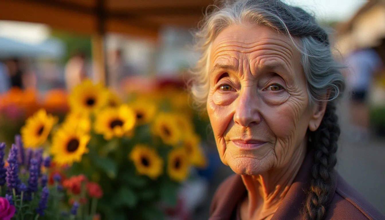 Portrait documentaire en gros plan d'une femme âgée au marché aux fleurs de Toulouse, illustrant la recherche personne photo par l'authenticité d'un visage capturé en lumière naturelle