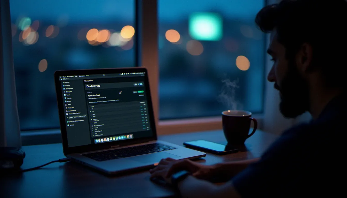 Photographe professionnel utilisant un logiciel de récupération de données sur un MacBook connecté à un iPhone par câble USB, lumière de ville visible en arrière-plan au crépuscule