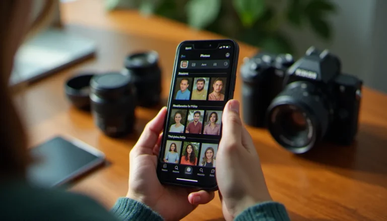 Photographe tenant un iPhone ouvert sur l'application Photos pour récupérer des photos supprimées, avec un appareil photo posé sur un bureau en bois éclairé par la lumière naturelle