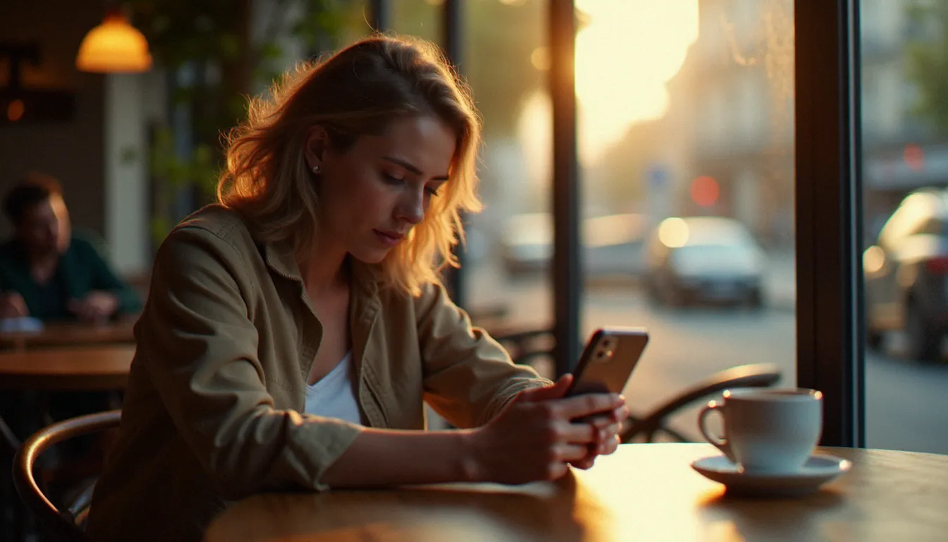 Personne consultant son album photo sur iPhone dans un café, cherchant à retrouver des photos supprimées depuis l'application iCloud