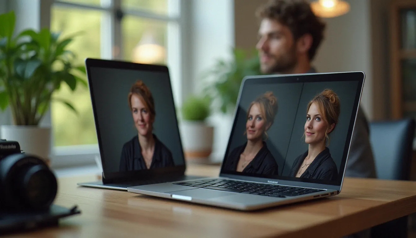 Photographe comparant deux versions d'un portrait sur son ordinateur pour réduire le poids de ses photos gratuitement avant publication