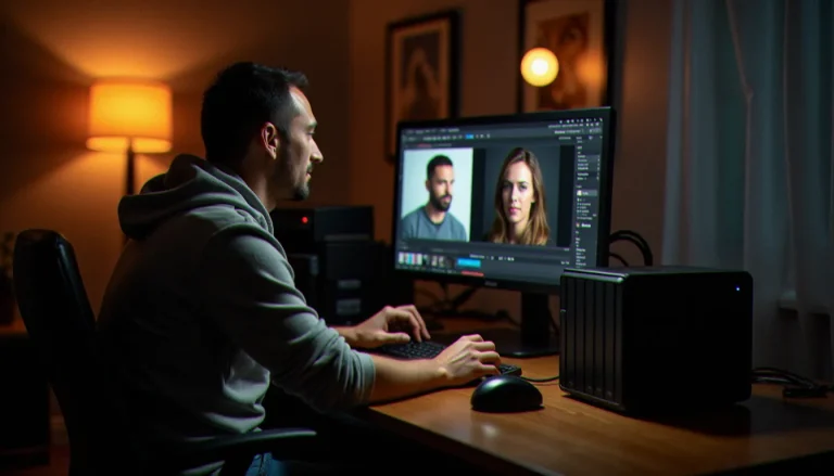 Photographe professionnel consultant ses archives sur Synology Photo dans son studio toulousain, avec un NAS Synology visible sur le bureau à côté de son appareil photo