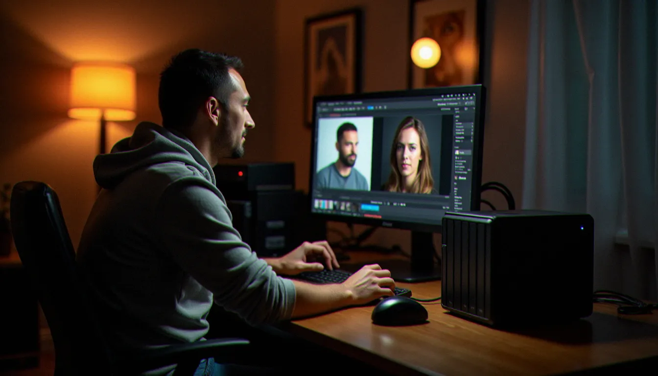 Photographe professionnel consultant ses archives sur Synology Photo dans son studio toulousain, avec un NAS Synology visible sur le bureau à côté de son appareil photo