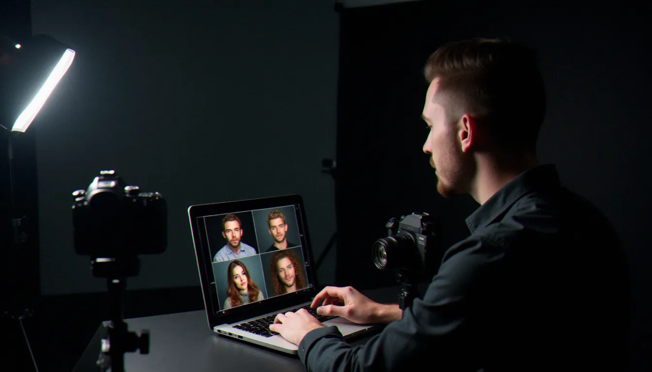 Photographe professionnel sélectionnant des portraits optimisés pour les réseaux sociaux, processus d'optimisation d'une photo de profil Instagram