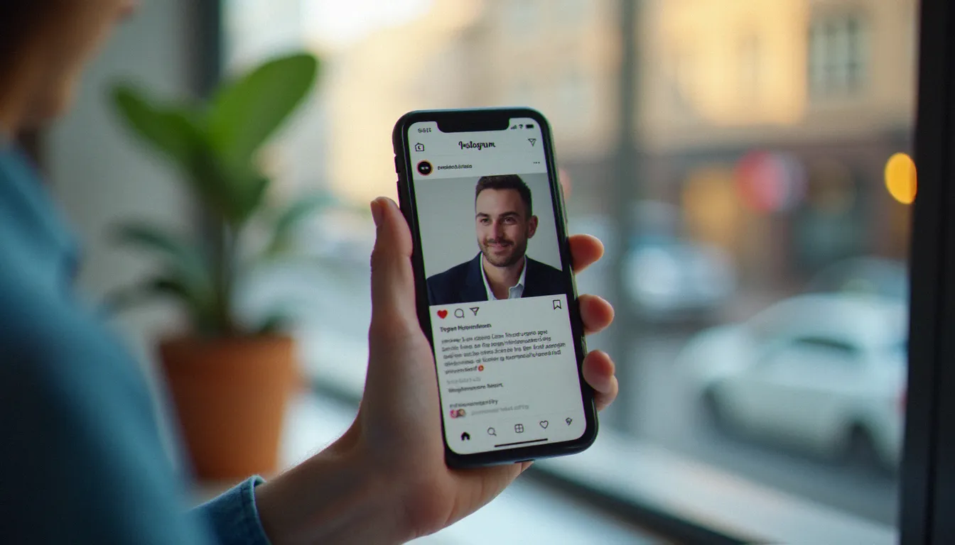 Mains tenant un smartphone affichant une page de profil Instagram, illustration du processus pour télécharger photo de profil insta