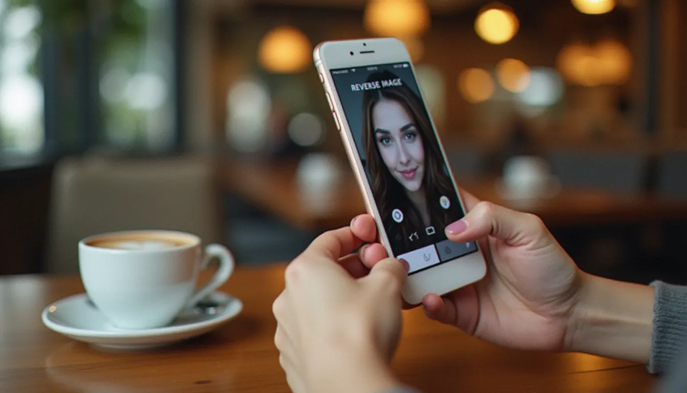 Mains tenant un smartphone affichant une interface de recherche inversée par image pour trouver une personne avec une photo, dans un café