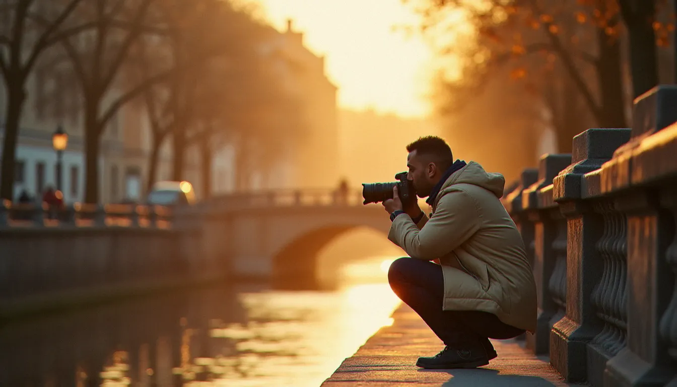 Photographe de rue accroupi sur un pont de Toulouse au coucher du soleil, cherchant à retrouver et identifier un sujet photographié lors d'un reportage documentaire