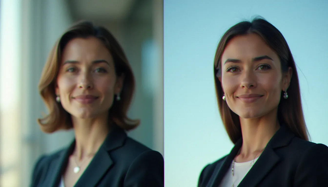 Comparaison de deux portraits de la même femme pris à des angles différents, illustrant comment l'angle de prise de vue transforme l'expression d'autorité du sujet