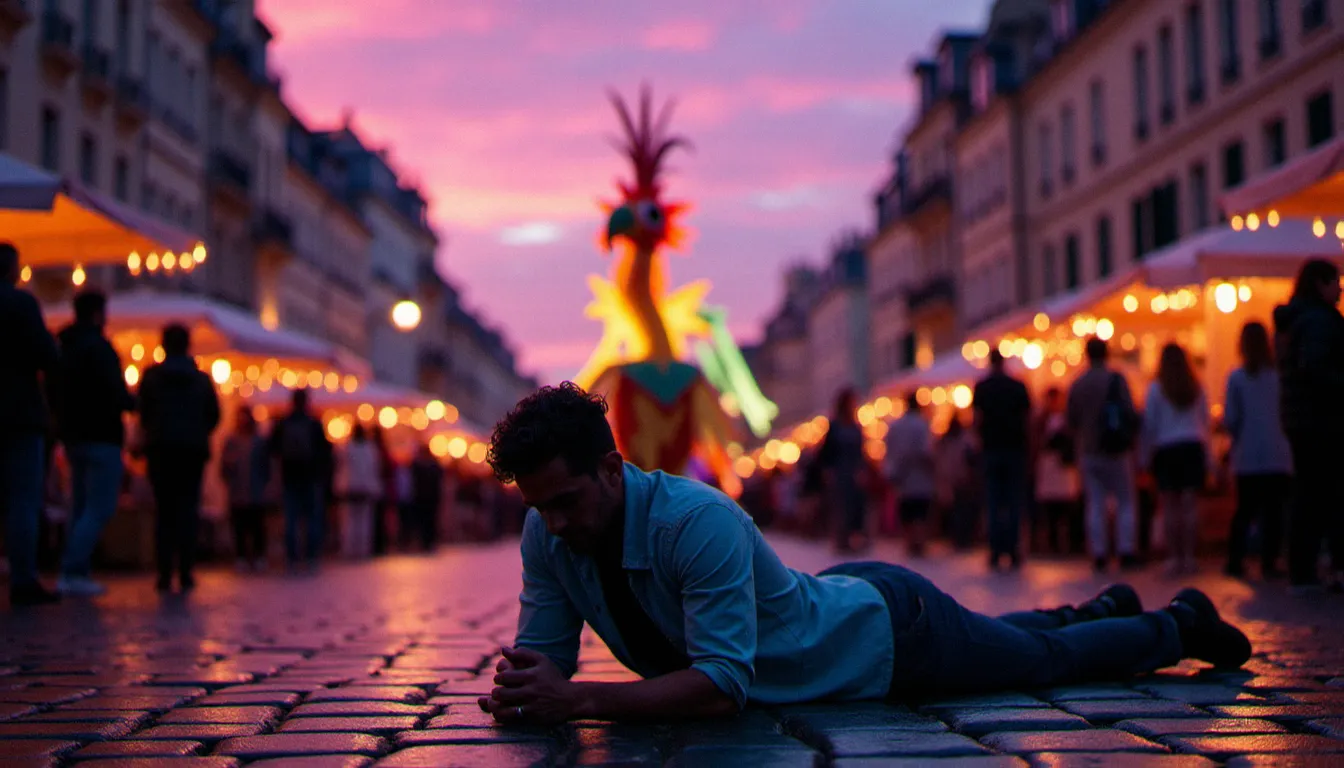 Photographe allongé sur les pavés lors d'un carnaval urbain, utilisant un angle de prise de vue extrême en contre-plongée pour transformer un personnage costumé en figure presque mythologique