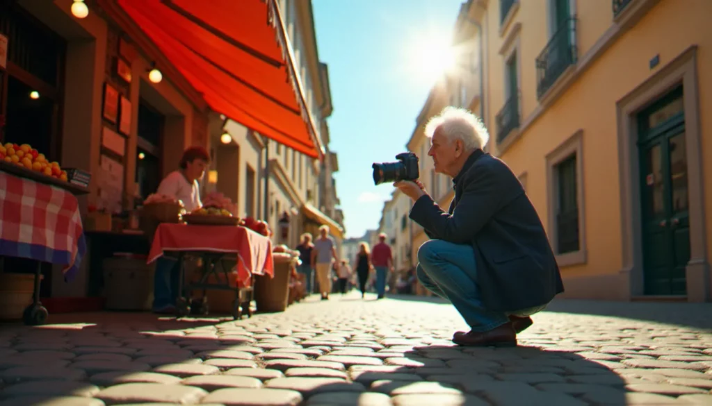 angle de prise de vue featured Photographe en contre-plongée sur des pavés ensoleillés, illustrant l'impact de l'angle de prise de vue sur la narration d'une scène de marché provençal