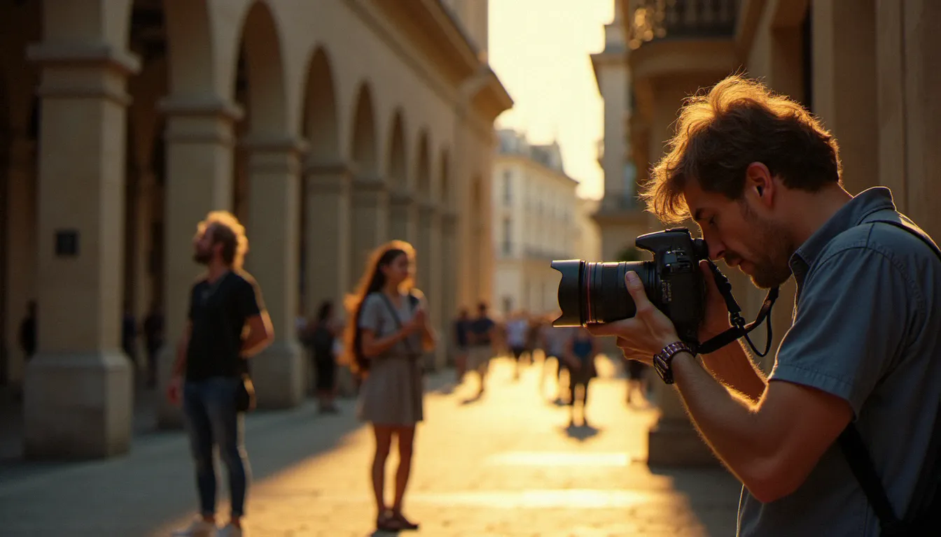 Photographe de rue réglant rapidement son exposition sous des arcades en lumière dorée, illustrant l'application pratique de l'apex en photographie de portrait